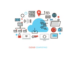 Thin line flat design of cloud computing datum architecture, internet network security connection for worldwide business multimedia. Modern vector illustration concept, isolated on white background.