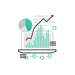 Modern vector icon of traffic growth showed in charts and graphs on a laptop screen. Premium quality vector illustration concept. Flat line icon symbol. Flat design image isolated on white background.