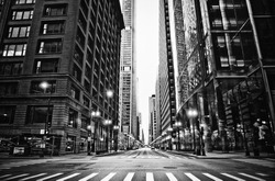 Empty Urban City Street View Black and White on Cloudy Foggy Day of Chicago Skyline with No People or Cars