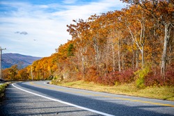 Fascinating and colorful winding Vermont highway road lined with red and yellow autumn maples invites the traveler on an unforgettable journey along the famous tourist routes of New England.