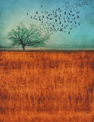a photo composite of a tree in a field with birds flying out of it with a grunge overlay and toned with a retro vintage instagram filter app or action effect with copy space