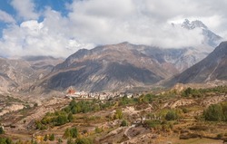 Mountain Himalayan landscape. Jharkot village in the valley. Annapurna conservation area, Lower Mustang Region, Nepal