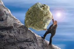 Sisyphus metaphor showing a man struggling to roll a giant rock ball up hill representing business struggles, hard work, environmental threat risk, personal struggles, determination and more.