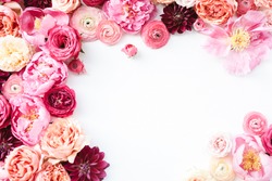 Pink flower frame with white background, peony, ranunculus, garden rose, dahlia, roses with red, peach, blush, magenta, fuchsia floral theme