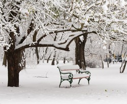 bench in the park in the snow in winter