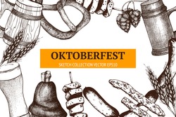 Vector design for German traditional food in retro style for Oktoberfest. Vintage background with ink hand drawn food illustration isolated on white.