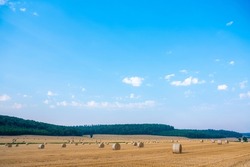 golden field with straw bales in landscape of lorraine under blue summer sky in the north of france called grand est near metz