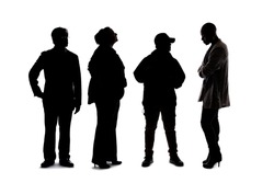 Silhouette of a group of people waiting in line.  The crowd is isolated on a white background and the models are unrecognizable and anonymous. 