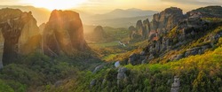 Landscape with monasteries and rock formations in Meteora, Greece