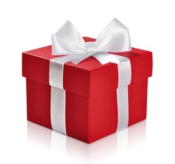 Red gift box with white ribbon isolated on white background. Clipping path included.