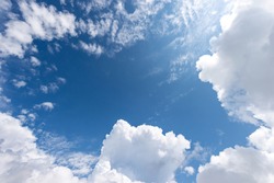 Beautiful blue clear sky with white cumulus clouds (cumulonimbus), bottom view, full frame, photography.