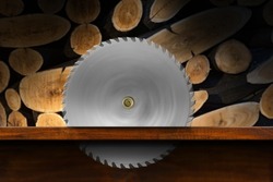 Close-up of a metal circular saw blade in motion in a wooden workbench with a group of sawn logs in the background. Carpentry and Lumber industry concept.