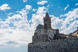 Medieval church of Saint Peter (San Pietro, V-XIII century) in Romanesque Gothic style. Portovenere or Porto Venere town, UNESCO world heritage site. Gulf of La Spezia, Liguria, Italy, Europe.