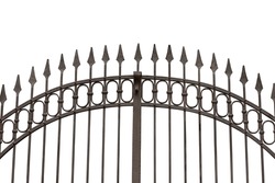 Close-up of a wrought iron gate with sharp points (arrows or spears), isolated on white background with copy space.