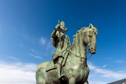 Bronze statue of King Philip III on Horseback (Felipe III or Felipe el Piadoso), by Giambologna and Pietro Tacca in Plaza Mayor (main square), Madrid downtown, Spain, southern Europe.