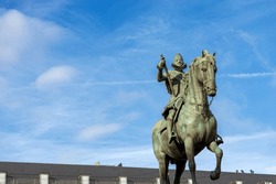 Close-up of the bronze statue of King Philip III on Horseback (Felipe III or Felipe el Piadoso), in Plaza Mayor (main square), Madrid downtown, community of Madrid, Spain, southern Europe.
