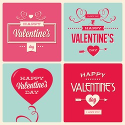 happy valentines day cards with ornaments, hearts, ribbon, angel and arrow