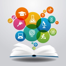 Open books and icons of science. The concept of modern education, File is saved in AI10 EPS version. This illustration contains a transparency 