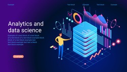 Concept of data research, technology, data analysis and science. Modern flat design isometric concept. Landing page template. Vector illustration
