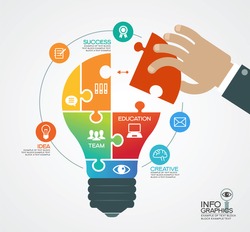 Creative vector template with a light bulb, puzzles, human hand and icons. Concept business ideas.