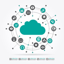 Cloud surrounded by abstract computer network with integrated circles and icons for digital,  network, internet, connect, social media, communicate Infographic design background