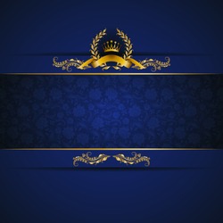 Elegant golden frame banner with gold crown, laurel wreath on ornate blue background. Luxury floral background in vintage style. Vector illustration EPS 10.