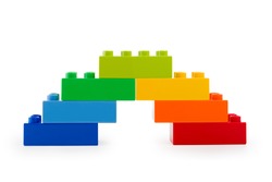 A rainbow color lego stairs on white background