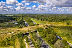 Aerial view of Ecoduct wildlife crossing at Dwingelderveld National Park, Beilen, Drenthe, The Netherlands