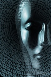 futuristic science theme showing a translucent reflective human head made of glass and lots of spiral binary code in black back