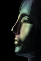 futuristic science theme showing a opalescent and translucent reflective human head made of glass in black back