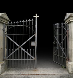 entrance of a graveyard with a open wrought-iron gate in dark gradient back