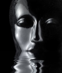 sinking translucent reflective human head made of glass on reflective water surface in black back