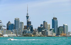 Skyline of Auckland, a large city in the North Island of New Zealand