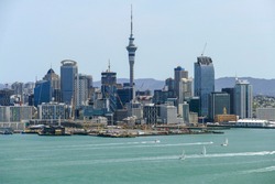 Skyline of Auckland, a large city in the North Island of New Zealand