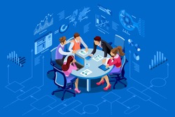 Isometric people team contemporary management concept. Can be used for web banner, infographics, hero images. Flat isometric vector illustration isolated on blue background.Â 