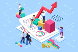 Financial administration concept. Consulting, characters at consultant meeting or auditing concept. Audit, business statement concept. Statistic plan images. Flat isometric infographics for banner.