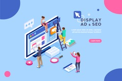 Seo optimization, website pay per click concept. Development group characters, team work together on web images. People flat isometric infographics or banner. Illustration isolated on white background