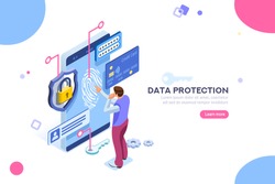 Data protection concept. Credit card check and software access data as confidential. Can use for web banner, infographics, hero images. Flat isometric illustration isolated on white background.
