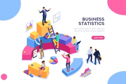 Financial administration concept. Consulting for company performance, analysis concept. Statistics and business statement. Flat isometric infographics for banner or business hero images.