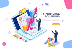 Finance and engineering graph of economics. Statistic and sales manager for financial management concept. Economic infographic banner. Flat isometric concept with characters vector illustration.
