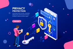 Infographic, banner with hero protect data and confidentiality. Safety and confidential data protection, concept with character saving code and check access. Flat isometric vector illustration.