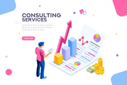 Isometric infographic of consult and administration. Corporate risk graph to engineering advertising value. Account planning grow, management or calculate report of audit. Business Vector illustration