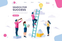 Search Idea, Little Success Advancement, Achievement of Goal. Path Up Stairs. Concept for Web Banner, Infographics, Hero Images. Flat Isometric Illustration Isolated on White Background