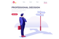 Choice process flat vector illustration. Direction choose options, solution, decision. Abstract confuse concept, confusion symbol. Making person, visualization of professional life. Arrow and question