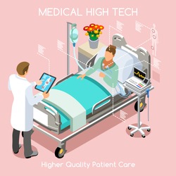 Healthcare medic Fast Diagnosis. Clinic Hospital Infographic Patient Bed & Doctor tablet medic consult interview Drug Medicine Treatment Check. Medical Healthcare 3D Flat Isometric People Vector Image
