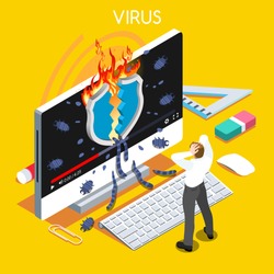 Computer virus trojan malware attack warning infographic. 3D flat isometric people set. Virus hacker attack trojan malware computer infection high security risk spectre meltdown vector illustration