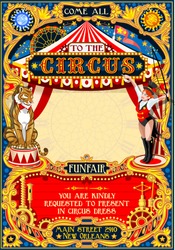 Circus animal trainer tamer artist show Template Poster Invite. Kid game Birthday Party Amusement Park. Carnival festival Background tent Lion Tiger Cabaret Vintage vector graphic theme illustration