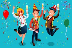 New Year bash. People celebrating party vector illustration. Cool vector flat character design on New Year or Birthday party with male and female characters having fun and having a toast.