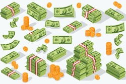 Money currency vector illustration. Various money bills dollar cash paper bank notes and gold coins. Collection of cash heap pile and currency stack vector set.