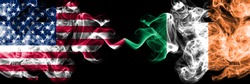 United States of America vs Ireland, Irish smoky mystic flags placed side by side. Thick colored silky smoke flags of America and Ireland, Irish.